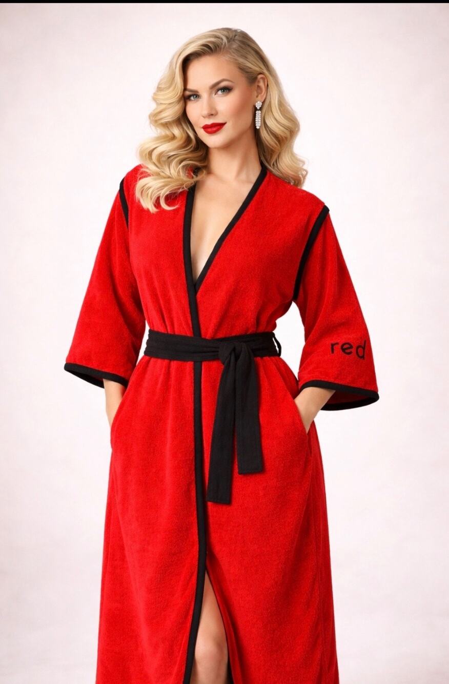 Vintage Neiman Marcus Bill Tice red glam cotton terry robe pockets Small